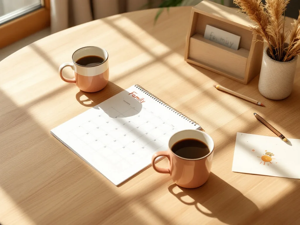 Zwei Kaffeetassen und ein Familienkalender auf einem hellen Holztisch im Morgenlicht