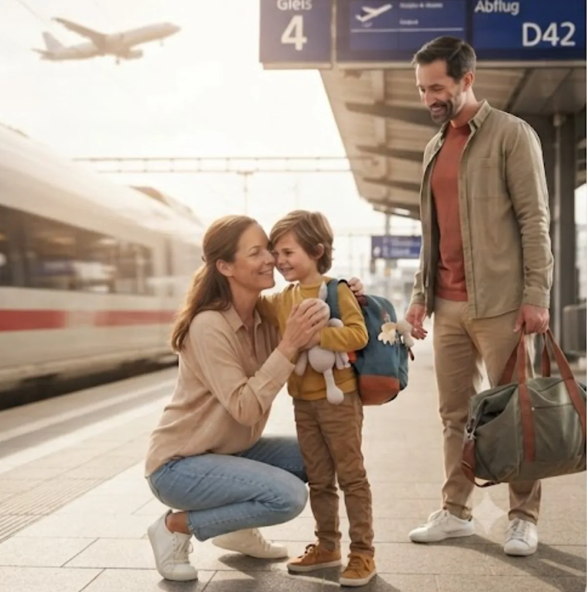 Getrennte Eltern verabschieden ihren Sohn am Bahnsteig — unterwegs zwischen zwei Zuhause